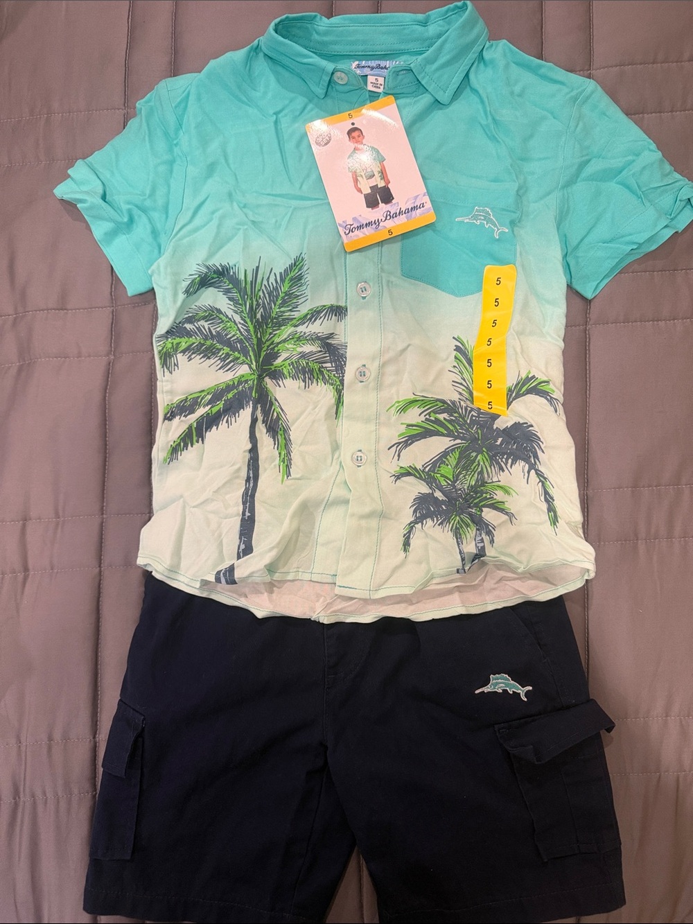 Tommy Bahama Teal and Navy Palm-Print Button Down Matching Set size 5 boys